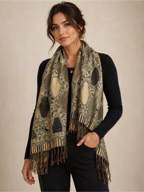 Pashmina Cashmere & Silk Scarf Wrap – Black & Sage Paisley Fringe Shawl